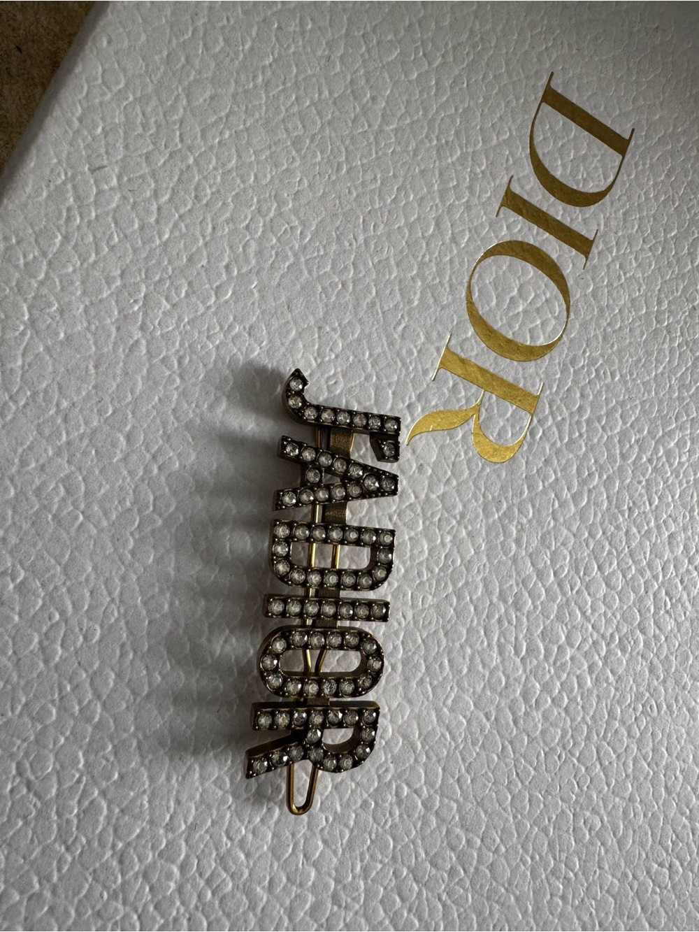 Dior Crystal 'J'Adior' Lettering Hair Pin — Gold-tone with Clear Stones